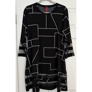 IC by Connie K Dress Sz Med Black White Geometric Mesh Trim Lagenlook Art 2 Wear